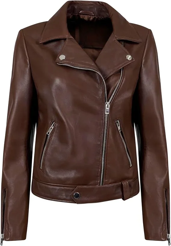 Biker Style Vintage Leather Jacket Women - Casual Motorcycle Zip-Up Lightweight Coat Collar Women Leather Jacket