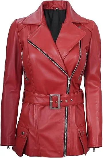 Womens Leather Jacket - Belted Style Real Lambskin Leather Jackets For Women