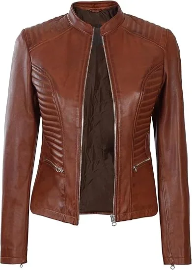 Real Leather Jacket Women - Natural Grain Stand Collar Womens Leather Jackets