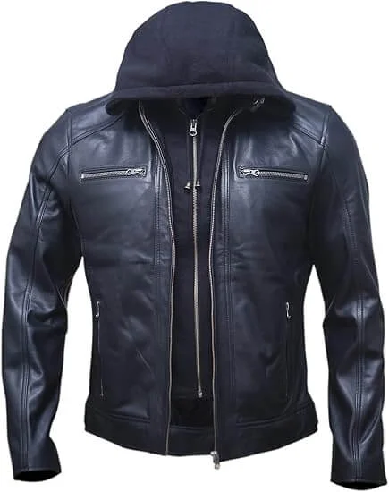 Mens Genuine Lambskin Leather Motorcycle Jacket with Removable Hood in Black Brown