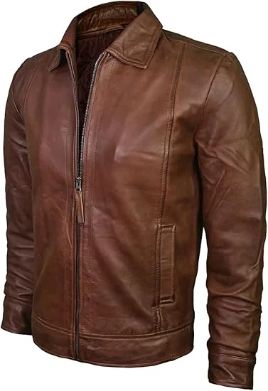 Men's Brown Real Lambskin Leather Jacket, Black
