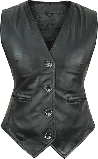 Leather Vest Women Button-Up Waistcoat Real Leather Sleeveless Biker Vest Business Classic