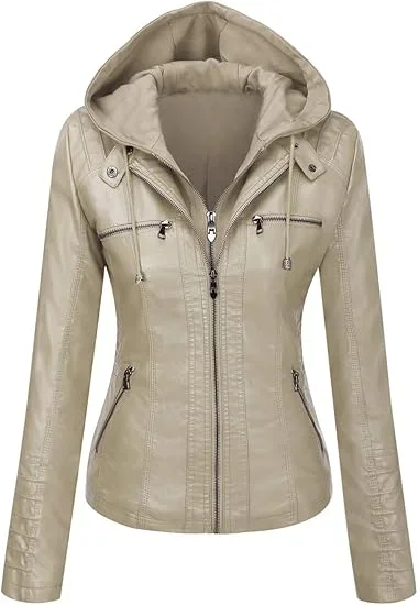 Leather Jacket Moto Biker Coat with Detachable Hood Motorcycle Jacket