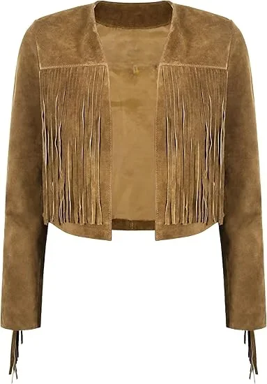 Women’s Fringe Western Short Body Vintage 90s Style Cropped Suede Leather Jacket 7912