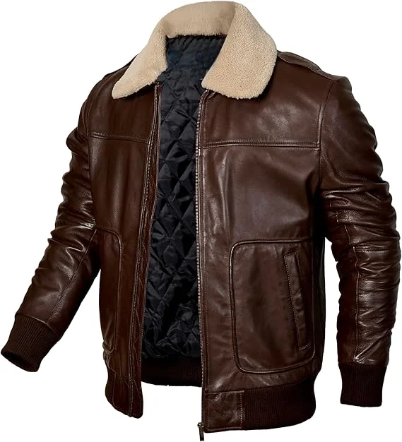 Mens leather jacket Genuine Lambskin Bomber Jacket men Brown with Removable Sherpa Collar– Premium Leather jacket men