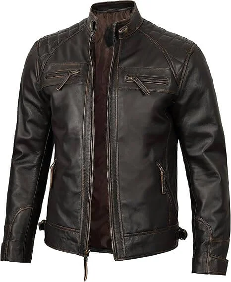 Real Lambskin Mens Leather Jackets - Quilted Cafe Racer Zip Up Moto Style Leather Jacket Men
