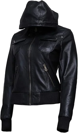 Womens Genuine Lambskin Leather Motorcycle Jacket with Removable Leather Hood Black - Hooded leather bomber jacket